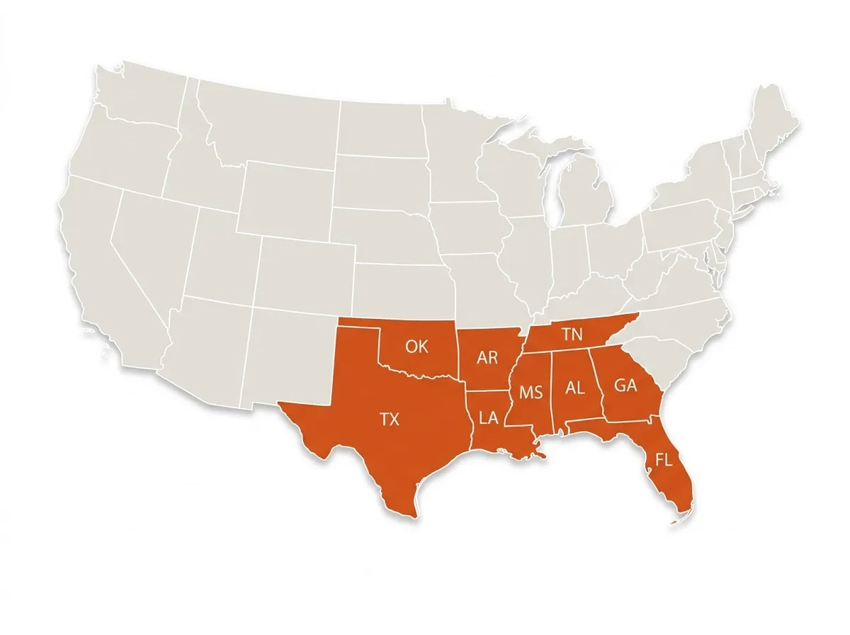 Map of the United States with the nine Holden Fence service states highlighted: Texas, Oklahoma, Arkansas, Louisiana, Mississippi, Alabama, Tennessee, Georgia, and Florida